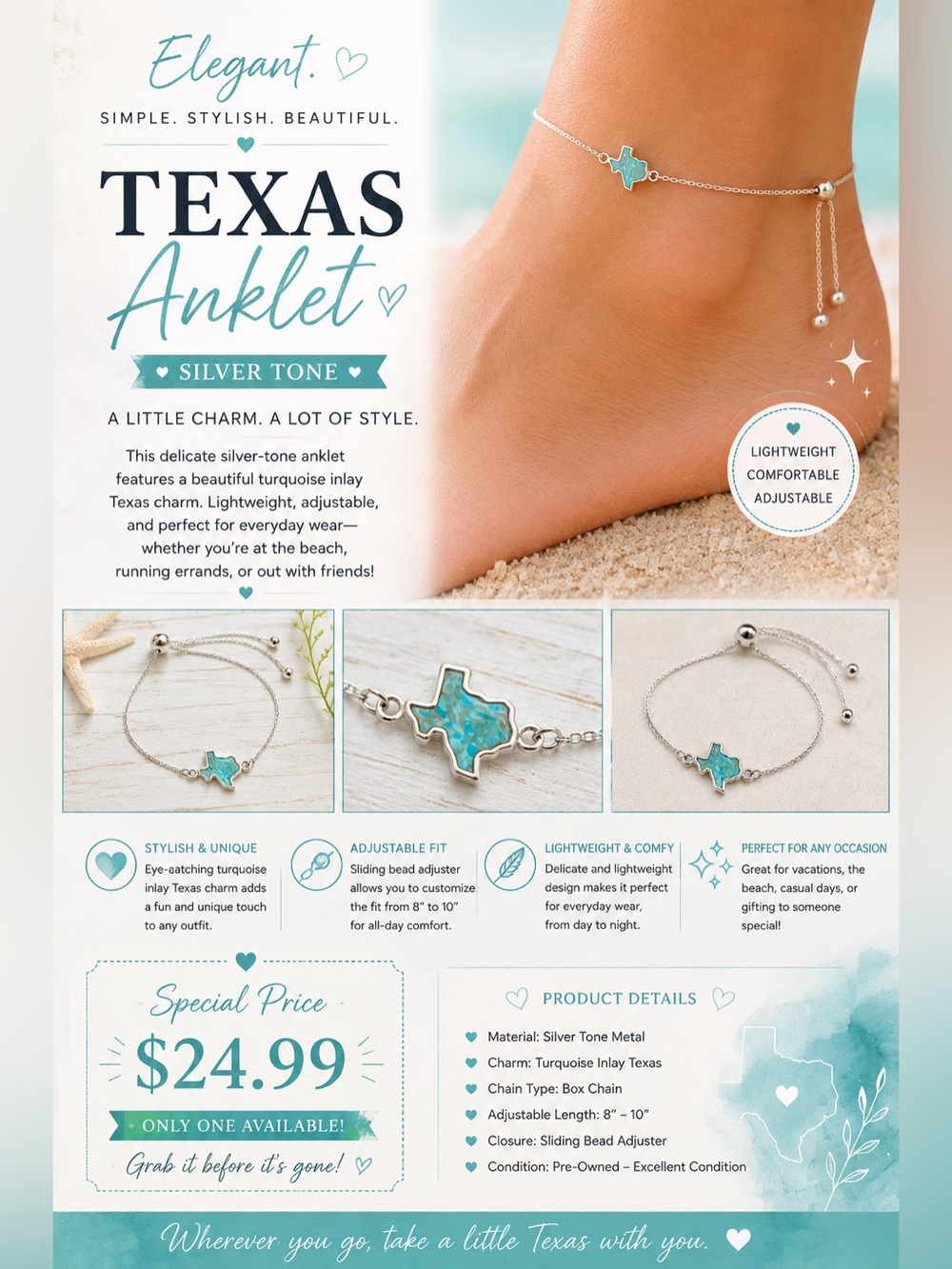 Turquoise Texas Anklet - Silver Tone Adjustable Anklet